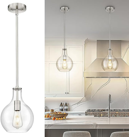 Emak Brushed Nickel Pendant Lights Kitchen Island, 8 Inch Glass Pendant Light Fixtures, Modern Hanging Lights for Kitchen, Bathroom, Bedroom, Dining Room, PL125-BN