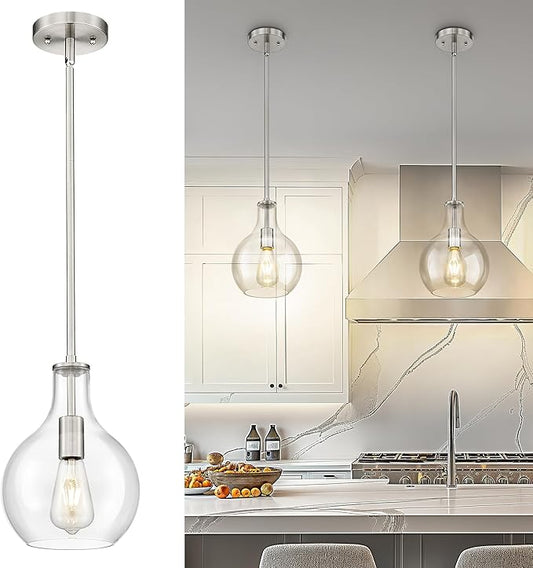 Emak Brushed Nickel Pendant Lights Kitchen Island, 8 Inch Glass Pendant Light Fixtures, Modern Hanging Lights for Kitchen, Bathroom, Bedroom, Dining Room, PL125-BN