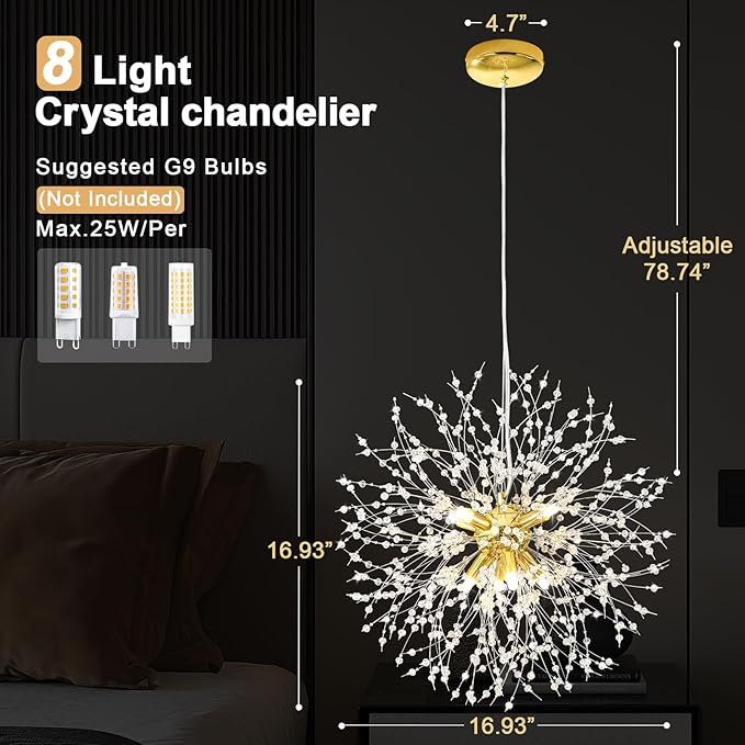 Modern Firework Gold 8 Lights Crystal Chandeliers, Sputnik Dandelion Chandelier Light Fixture Pendant Lighting for Bedroom, Foyer, Hallway, Entryway, Kitchen, Dining Room