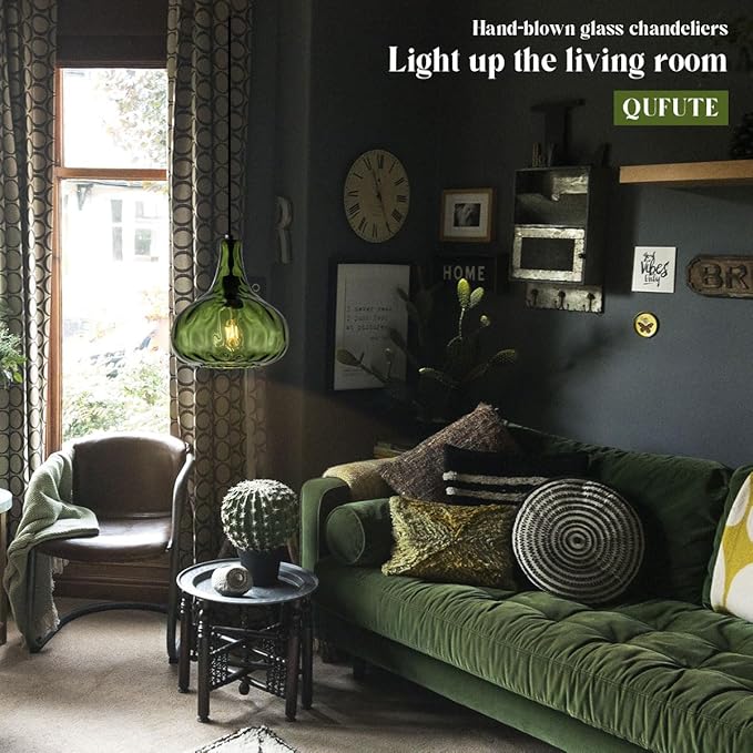 Vintage Pendant Lights Green Glass Hanging Lights Mid-Century Modern Pendant Light Fixtures Black Finish 9.45″ Globe Hammered Shade Adjustable Pendant Lighting Kitchen Sink Farmhouse