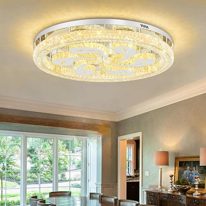 Modern Crystal Chandeliers for Dining Room Flush Mount Ceiling Chandelier for Living Room Dining Room Ring LED Crystal Ceiling Light (Round,40in Silver,Dimmable 2700K-6500K)