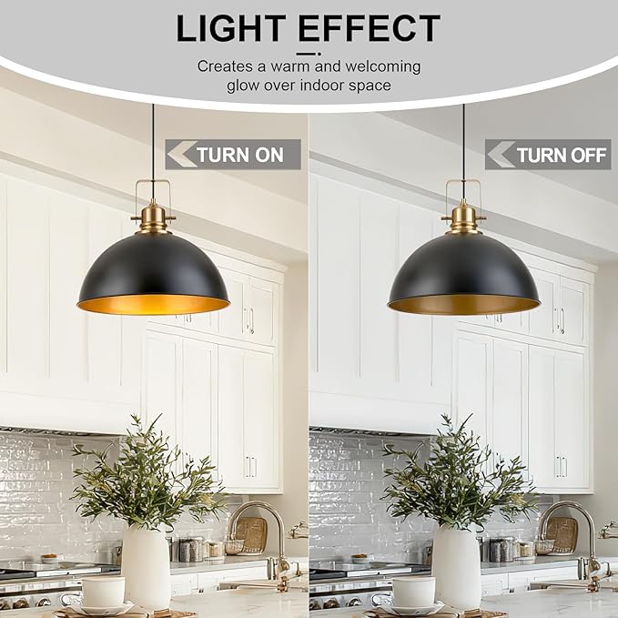 Farmhouse Pendant Light, 17.5" Matte Black Pendant Light Kitchen Island with Adjustable Cord, Vintage Dome Hanging Lights for Dining Room Cafe Bar Hallway Worktops, L, 2 Pack
