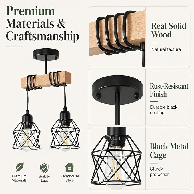 2 Light Farmhouse Ceiling Light,Pendant Light Kitchen Island,Dining Room Chandelier Light Fixture Over Table,Rustic Hanging Light for Kithen,Dining Room,Real Wood,Black Metal Cage