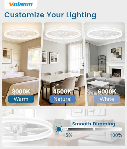VOLISUN RGB Ceiling Fans with Lights and Remote, 23.6in Low Profile Ceiling Fans with Lights Flush Mount, 3000K-6500K Dimmable Fandelier LED Fan Light, White Bladeless Ceiling Fans for Bedroom