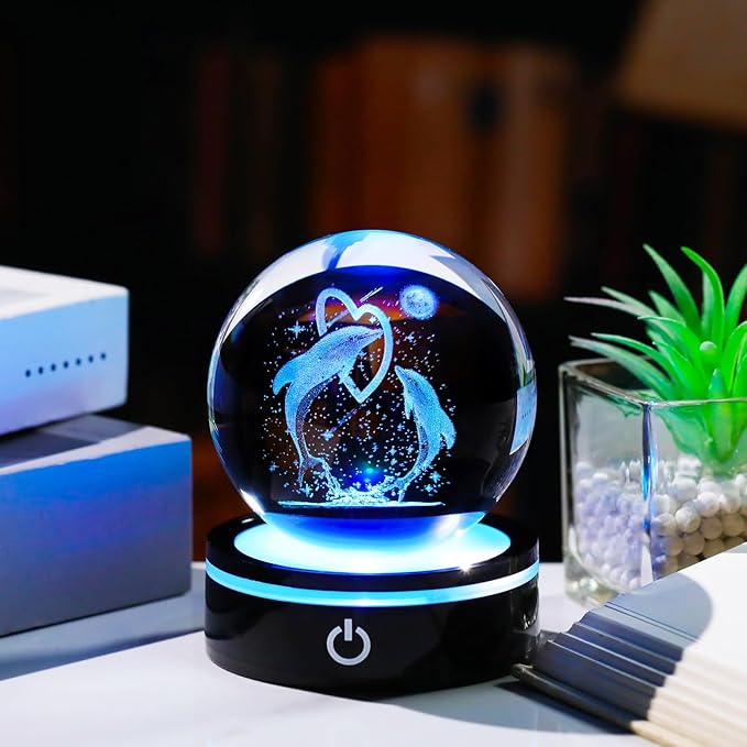 YWHL 3D Dolphin Figurines Crystal Ball with Colorful Light Base, Dolphin Gifts for Women Men on Birthday, Laser Engraved Glass Collectibles Sphere for Home Decor (80mm)