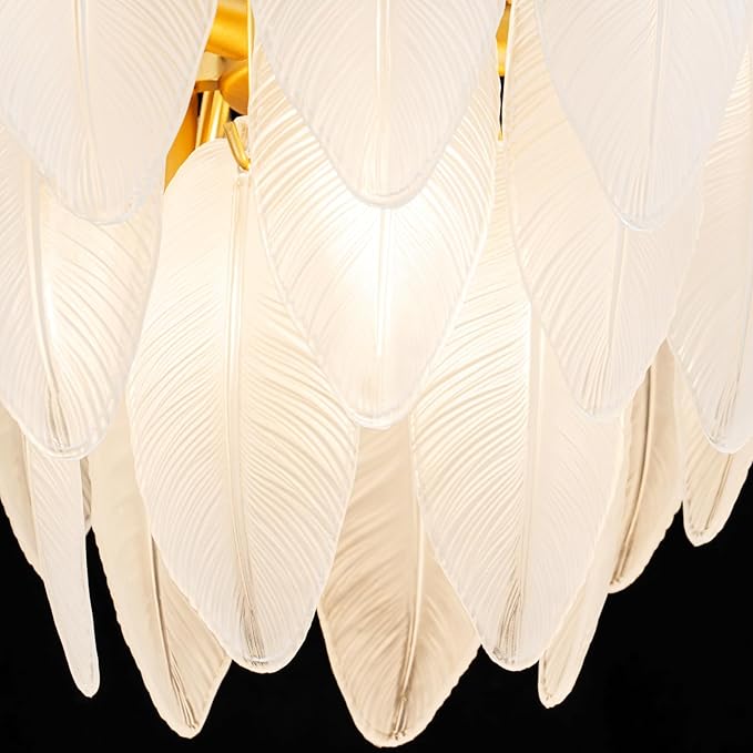 LumFurn 6-Light Gold Chandeliers, Modern 3-Tier Pendant Light Fixture for Dining Room, Living Room, Adjustable Height 19~51", Frosted Feather-Shaped Glass Shade & Brass Finish Frame