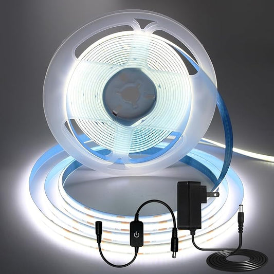 16.4FT/5M COB LED Strip Light, Cold White 6000K Cuttable LED Tape Lights, 8mm Width, CRI93+ Dimmable Flexible Light Strip for Bedroom Kitchen TV Backlight Cabinet Mirror Decor(with Plug)
