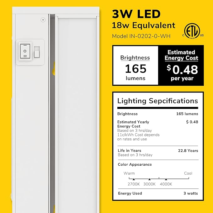 GETINLIGHT 9-inch Swivel LED Under Cabinet Lights, Glass Lens, Selectable White 2700K/4000K/5000K, Dimmable with Wall Dimmers, White Finish, IN-0202-0-WH