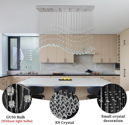 Finktonglan 47.2" Rectangular Crystal Chandelier for Kitchen Island, 10-Light Linear Island Pendant Light, GU10 Base (Bulbs Not Included), Height Adjustable Modern Dining Room Ceiling Light