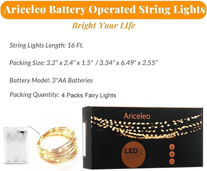 Ariceleo Led Fairy Lights Battery Operated, 4 Packs Mini Battery Powered Copper Wire Starry Fairy Lights for Bedroom, Christmas, Parties, Wedding, Centerpiece, Decoration (5m/16ft Warm White)