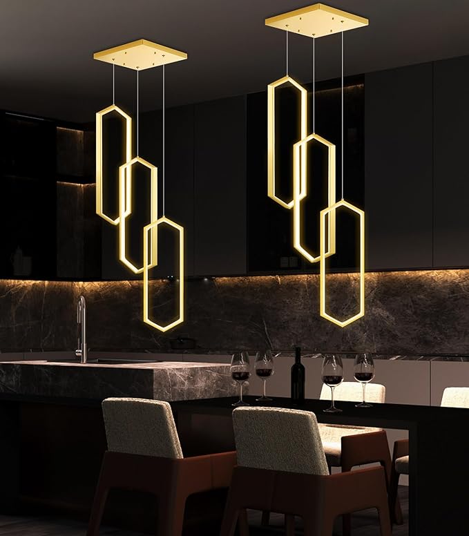 3-Rings Dimmable Pendant Lighting Adjust LED Chandelier Ceiling Light Fixtures for Kitchen Island Dining Room Living Room Bedroom Gold