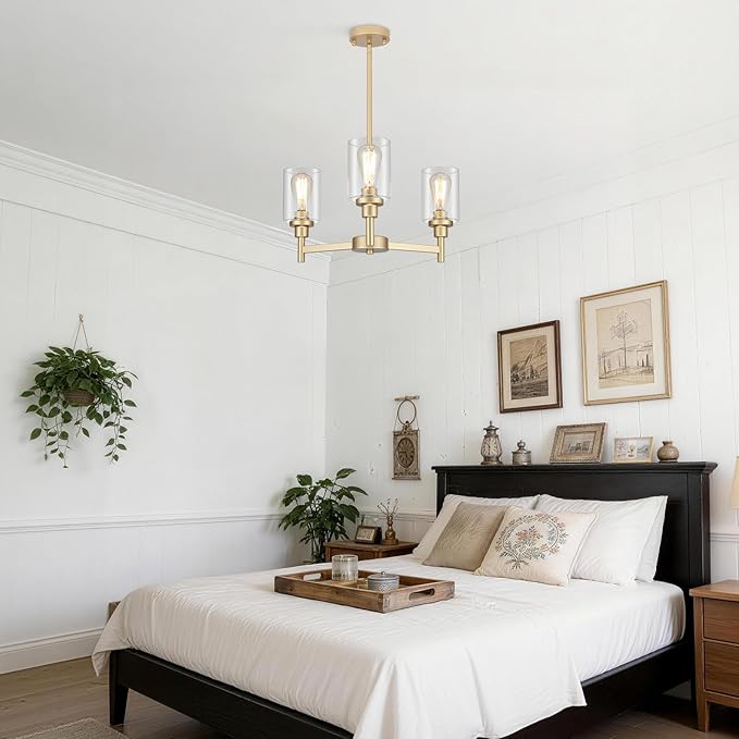 LIGHTDAMY 3-Lights Gold Chandeliers for Dining Room Light Fixture, Farmhouse Chandeliers Over Table, Hallway Lighting Fixtures with Glass Shade for Entryway Dining Room Kitchen Island Foyer