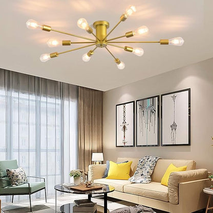 Garwarm 10 Lights Modern Sputnik Chandelier Gold Industrial Ceiling Lamp Mid Century Semi Flush Mount Ceiling Light Fixture for Kitchen Dining Room Living Room Bedroom Foyer Lighting