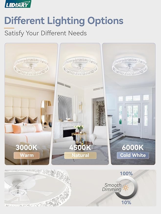 LEDIARY 22 Inch Ceiling Fans with Lights and Remote, Fandelier Low Profile Ceiling Fan, 3000K-6000K Dimmable Flush Mount LED Fan Light, White Modern Ceiling Fans with Lights for Bedroom