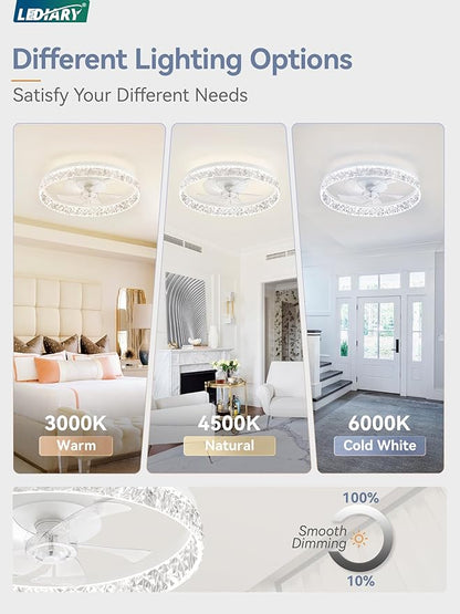 LEDIARY 22 Inch Ceiling Fans with Lights and Remote, Fandelier Low Profile Ceiling Fan, 3000K-6000K Dimmable Flush Mount LED Fan Light, White Modern Ceiling Fans with Lights for Bedroom