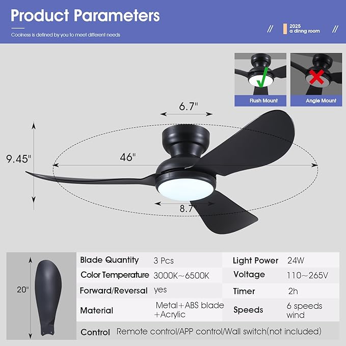 Kviflon 46 Inch Modern Ceiling Fans with Lights, Small Flush Mount Ceiling Fan with Light and Remote/APP Control, 3 Reversible Curved Blades, 6 Speeds, 3 CCT Dimmable Lights for Bedroom, Black