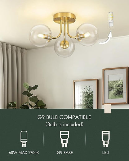 3-Globe Gold Flush Mount Ceiling Light in a Modern Farmhouse Design is Ideal for Living Rooms, Bedrooms, or Dining Rooms. Model:CKCL4845-3W-CLPG,(Bulb Incl)