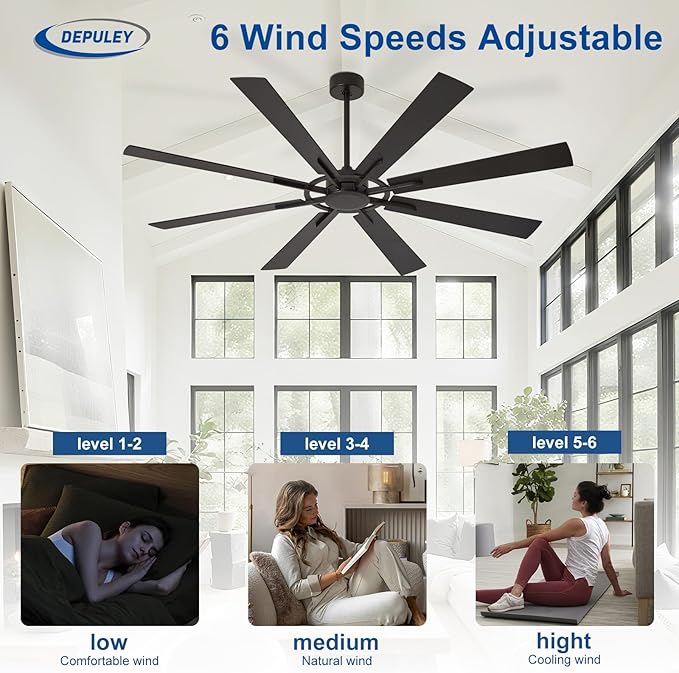 Ceiling Fan Without Light: 66 Inch Big Indoor Outdoor Fan with Remote APP Control - Black Wood Grain Large Ceiling Fan no Light 8 Blade Reversible Quiet DC Motor Memory Function Timer