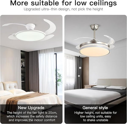 AHAWILL 48'' Retractable Ceiling Fan,Full Spectrum Low Profile Ceiling Fan with Light and Remote,Modern White Fan for Dinning Room Living Room Bedroom,Retractable Blades,Dimmable,Timer Setting
