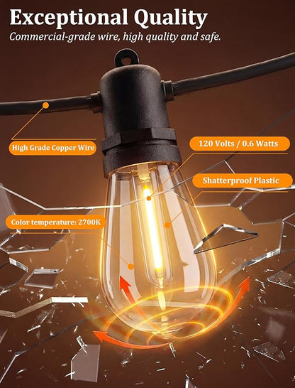 S14 Patio String Lights, 48FT Outdoor Patio String Light with 17 Clear LED Bulbs (1 Spare), UL Certified Waterproof Hanging Lights for Outdoor & Indoor - Commercial Grade Black Wire