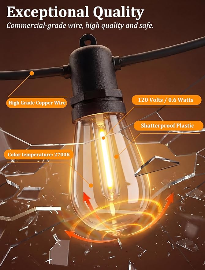 S14 Patio String Lights, 30FT Outdoor Patio String Light with 11 Clear LED Bulbs (1 Spare), UL Certified Waterproof Hanging Lights for Outdoor & Indoor - Commercial Grade Black Wire