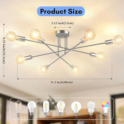 Modern Sputnik Chandelier 8-Light Industrial Ceiling Lights Fixture 32" Brushed Nickel Semi Flush Mount Ceiling Light with E26 Base Sputnik Lights Fixture for Dining Room Bedroom Hallway Living Room
