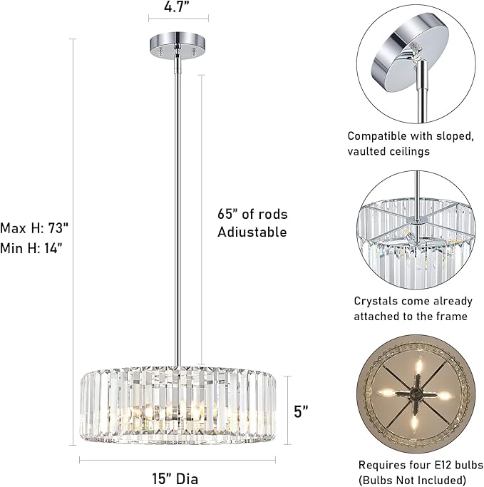 YURNYQ Chrome Crystal Chandelier for Dining Room, 4-Light Modern Semi Flush Mount Chandelier Lighting Fixtures, Round Kitchen Hanging Drum Pendant Lights Ceiling for Bedroom Entryway Foyer, 15 Inch