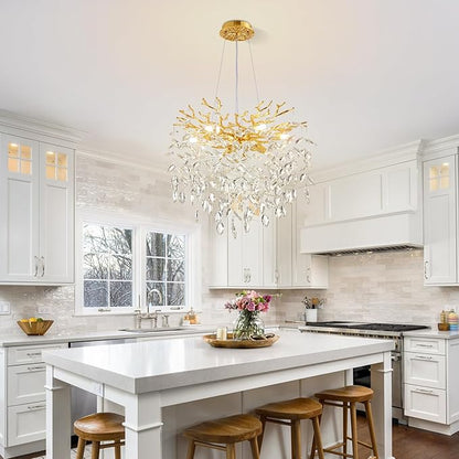 Modern Tree Branch Crystal Chandelier 18" Gold Luxury Large Pendant Lighting 6-Light Contemporary K9 Crystal Chandeliers for Dining Room Kitchen Living Room Foyer Entryway (Gold, D18-Round)