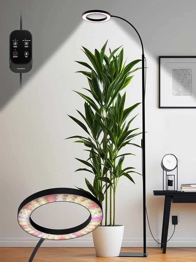 GLOWRIUM Grow Lights for Indoor Plants, Full Spectrum LED Grow Light, Stepless Dimming,3 Lighting Mode and Adjustable Height, Plant Light with 3/9/12/16H Timer (Black, Single Head)
