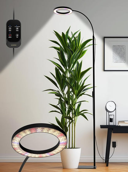 GLOWRIUM Grow Lights for Indoor Plants, Full Spectrum LED Grow Light, Stepless Dimming,3 Lighting Mode and Adjustable Height, Plant Light with 3/9/12/16H Timer (Black, Single Head)
