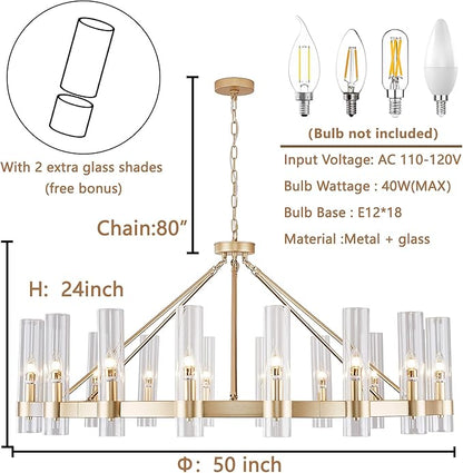 Gold Wagon Wheel Chandelier with Glass Shape D50 Large Round Chandelier Lighting for High Ceiling, Hanging Pendant Light Fixtures for Living Room, Dining Room (Gold + Glass Shape)