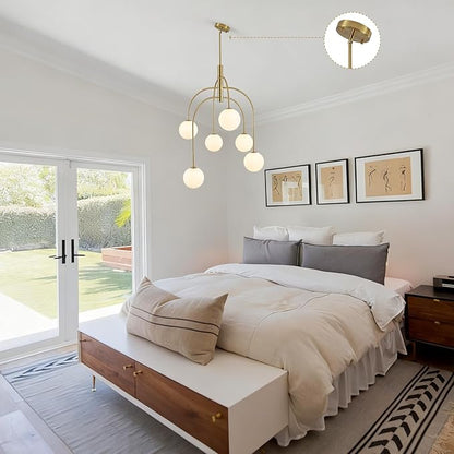 Mid Century Modern Chandelier, 6-Light Gold Globe Chandelier Milk Glass Chandelier Light Fixture, Adjustable Sputnik Hanging Pendant Light for Dining Room Entryway Kitchen Island, Bulbs Included