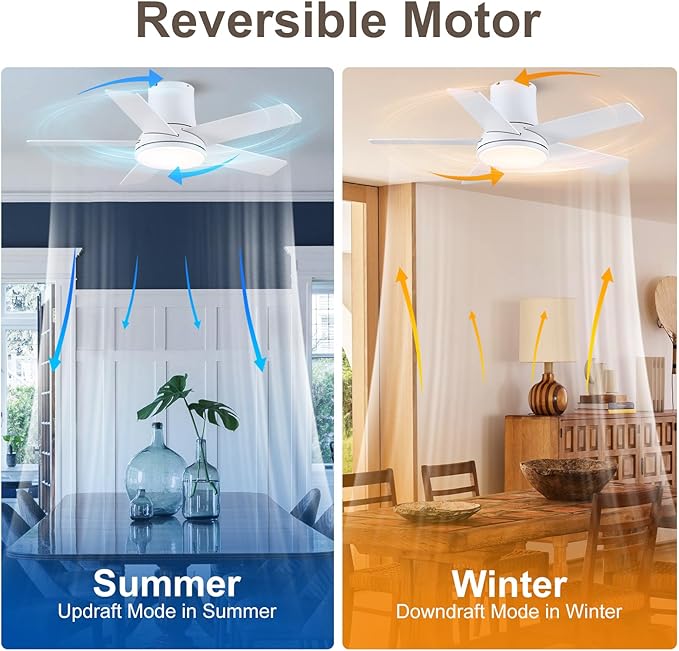 42 Inch Ceiling Fans with Lights and Remote, Flush Mount White Ceiling Fan for Bedroom Living Room Indoor/Outdoor, Quiet 6 Speed Reversible DC Motor, 3CCT, Dual Color 5 Blades, ETL Listed