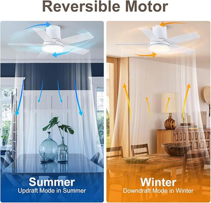 42 Inch Ceiling Fans with Lights and Remote, Flush Mount White Ceiling Fan for Bedroom Living Room Indoor/Outdoor, Quiet 6 Speed Reversible DC Motor, 3CCT, Dual Color 5 Blades, ETL Listed