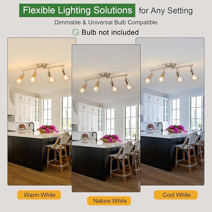 4-Light Track Light Brushed Nickel Adjustable Kitchen Track Lighting Multi-Directional Cage Flush Mount Ceiling Light with E26 Base Farmhouse Close to Ceiling Lamp for Dining Room Hallway