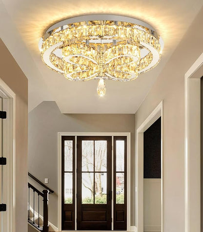 Modern Crystal Chandelier LED 2-Tier Flush Mount Ceiling Lighting Dimmable Pendant Light for Living Room Bedroom Dining Room Entryway Hallway