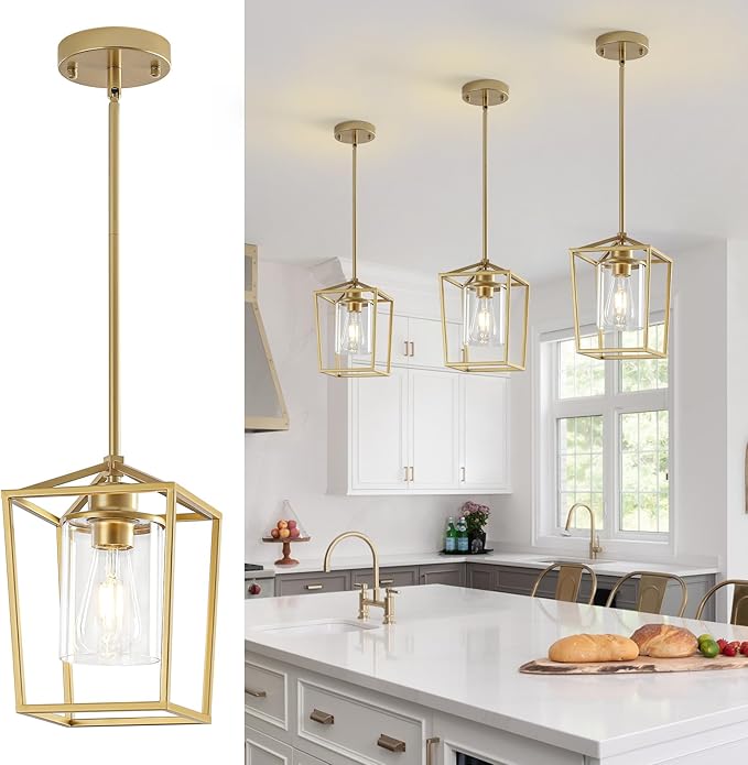 Gold Pendant Lighting for Kitchen Island, 1 Light Modern Cage Kitchen Hanging Pendant Lights with Clear Glass Shade for Kitchen Island, Dining Room, Entryway, Hallway