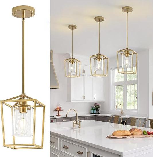 Gold Pendant Lighting for Kitchen Island, 1 Light Modern Cage Kitchen Hanging Pendant Lights with Clear Glass Shade for Kitchen Island, Dining Room, Entryway, Hallway
