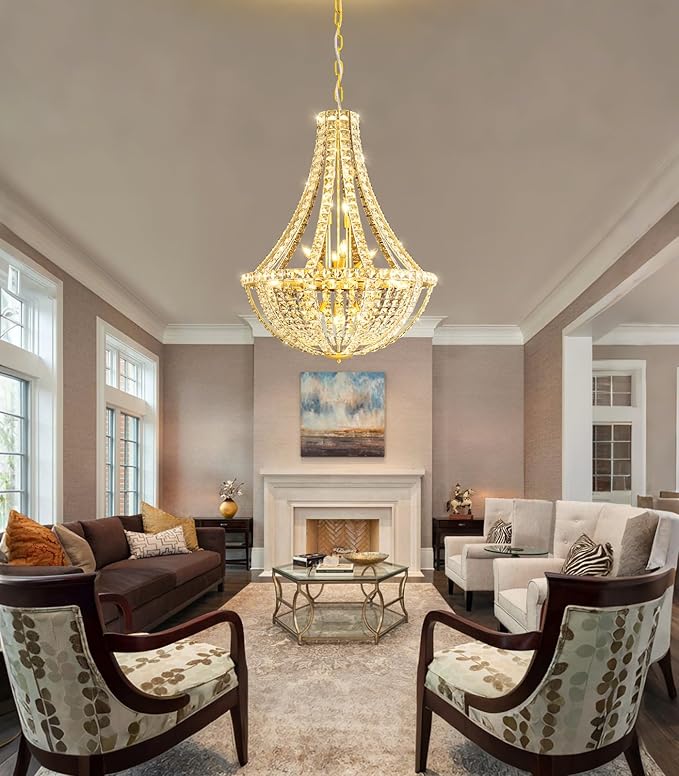 Luxury Large Empire Chandelier High Ceiling Crystal Chandeliers for Foyer Gold Light Fixture for Staircase Living Room E12 Bulbs Required
