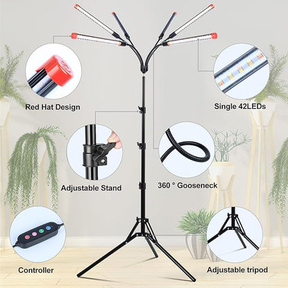 FRGROW 6Head Grow Light with Stand for Tall and Large Indoor Plants, Bonsai Tree, Big Coverage and Bright Plant Growing Lamps, 4/8/12/16/20H Timer, 54 Watt Power Draw, NO Need Adapter, 360° Gooseneck