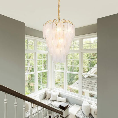 LumFurn 10-Light Gold Chandeliers, Modern Pendant Light Fixture for Dining Room, Staircase, D16 x H27~72" Adjustable Height, Frosted Feather Glass Shade & Gold Finish