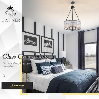 CATINER Black Drum Chandelier 6-Light Modern Crystal Glass Chandeliers 20" Luxury Ceiling Pendant Light Fixture for Entryway Foyer Dining Room Bedroom Kitchen