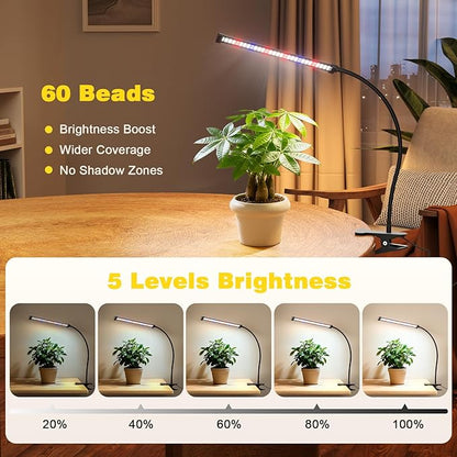 LED Grow Light, 5700K Full Spectrum Clip Plant Growing Lamp with Red Blue White LEDs for Indoor Plants, 5-Levels Dimmable, Auto On Off Timing 4/8/12/18Hrs(Single Head)