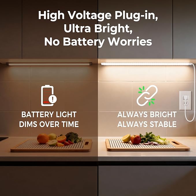 96inch Plug in Under Cabinet Lighting Strip for Kitchen, 120V Bright LED Under Counter Lights 6000k White Slim, Luces para Cocina Bajo Gabinete Under Shelf Wired Light for Sink/Workbench/Bookshelf