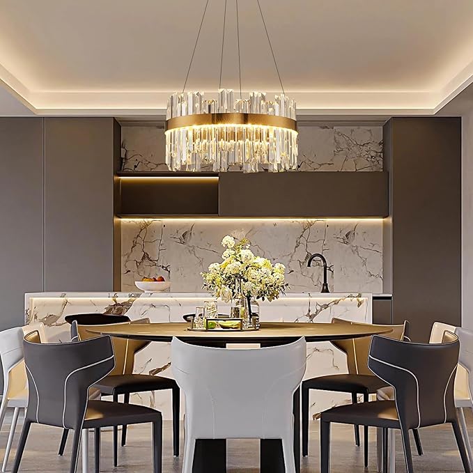Gold Modern Crystal Led Chandelier: 19.7" Dimmable K9 Crystals Chandeliers over Table - Golden Luxury Round Drum Chandelier - Height Adjustable Sparkly Chandelier for Dining Room Living Room Bedroom