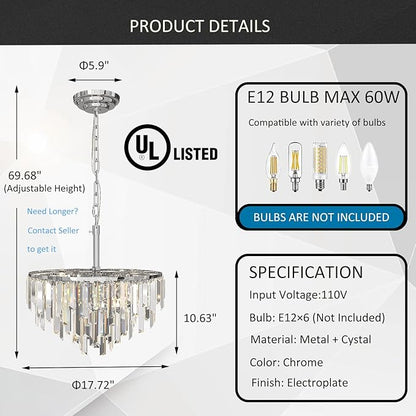 Modern Chrome Crystal Chandelier, 18" Round Chandeliers for Dining Room 4-Tier 6 Lights Luxury Top K9 Crystal Ceiling Pendant Light Fixture for Foyer Bedroom Closet