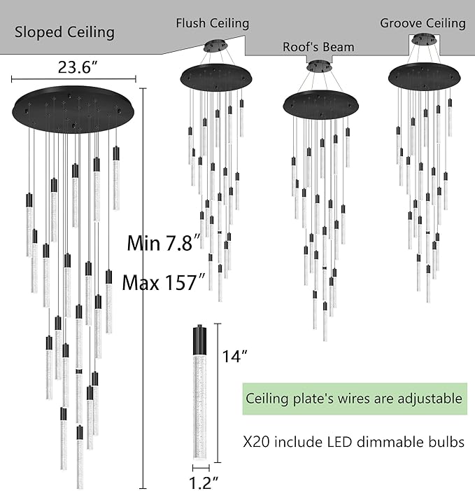 HAIXIANG 13 Foot High Ceiling Chandelier for Entryway Modern Crystal Lights for Living Room Foyer Flush Mount Sloping Ceiling Pendant Light Fixture Remote Dimmable 20-Lights Black