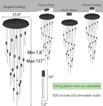 HAIXIANG 13 Foot High Ceiling Chandelier for Entryway Modern Crystal Lights for Living Room Foyer Flush Mount Sloping Ceiling Pendant Light Fixture Remote Dimmable 20-Lights Black