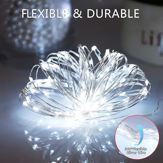 Solar Fairy String Lights for Outside, Outdoor Waterproof, Cool White 2Pack Total 200LED 66Ft 8 Modes Mini Mini Small Solar Powered Lights for Christmas, Garden, Patio, Fence, Balcony