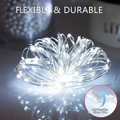 Solar Fairy String Lights for Outside, Outdoor Waterproof, Cool White 2Pack Total 200LED 66Ft 8 Modes Mini Mini Small Solar Powered Lights for Christmas, Garden, Patio, Fence, Balcony
